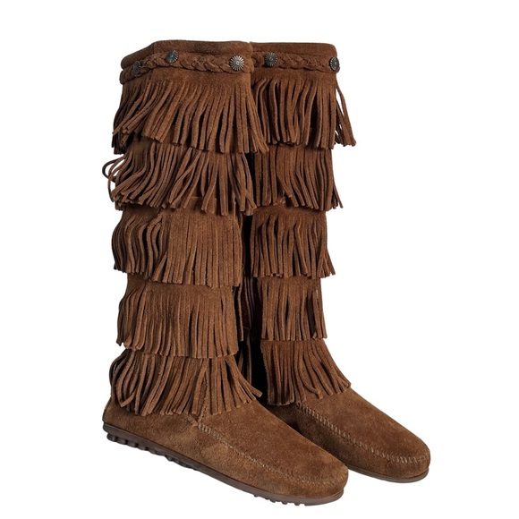 Minnetonka Women’s Brown 5 Layer Fringe Tall Suede Versatile Boots Size 7 - Picture 4 of 6